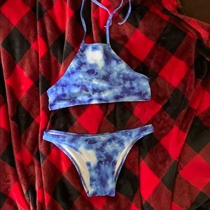 Blue tie dye high neck bikini
